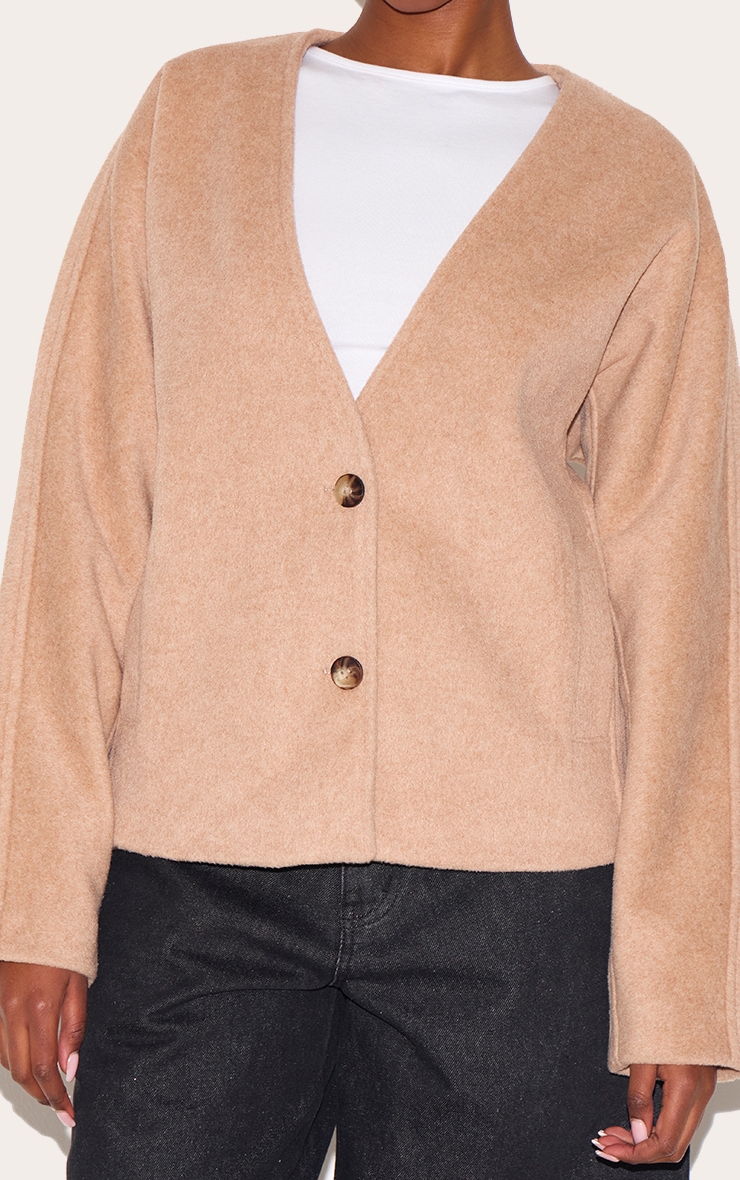 Mocha Wool Look Button Up V Neck Jacket image 4