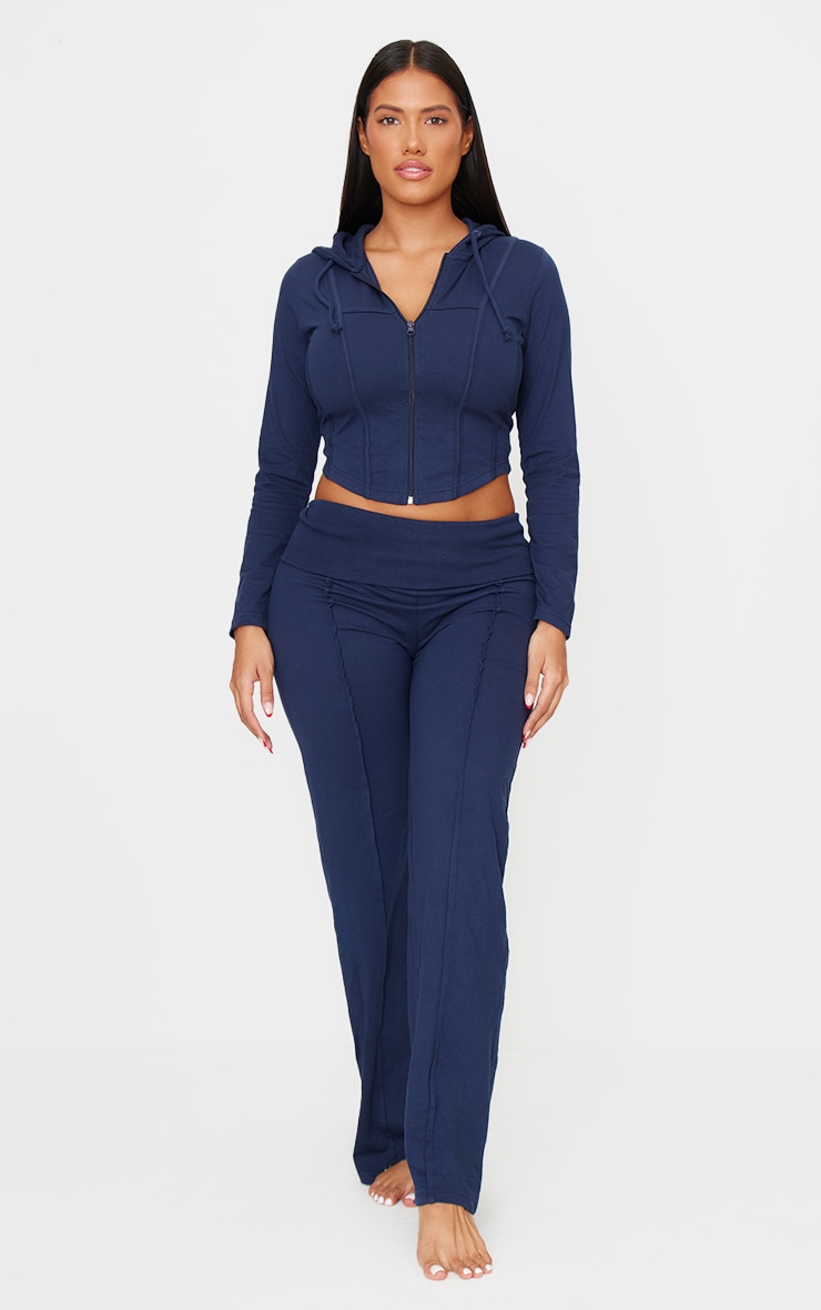 Shape Navy Low Rise Fold Over Seam Front Wide Leg Trousers