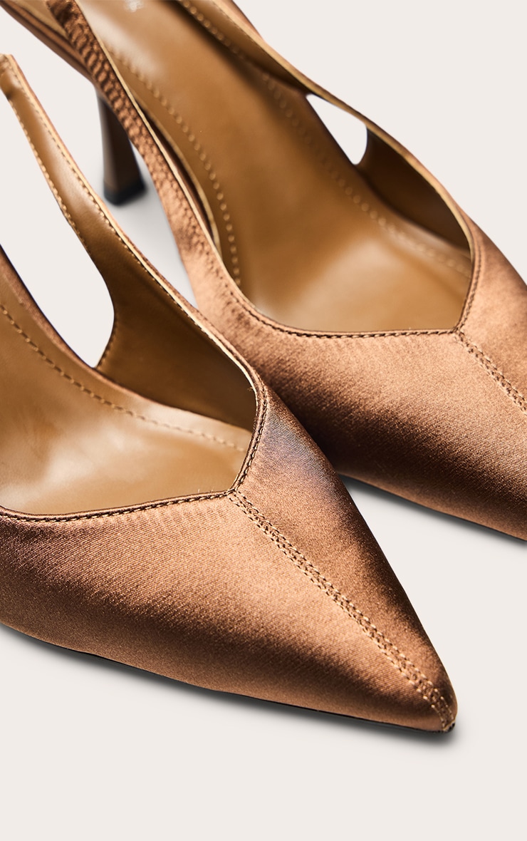 Mocha Satin Point Toe Heeled Sling Back image 5