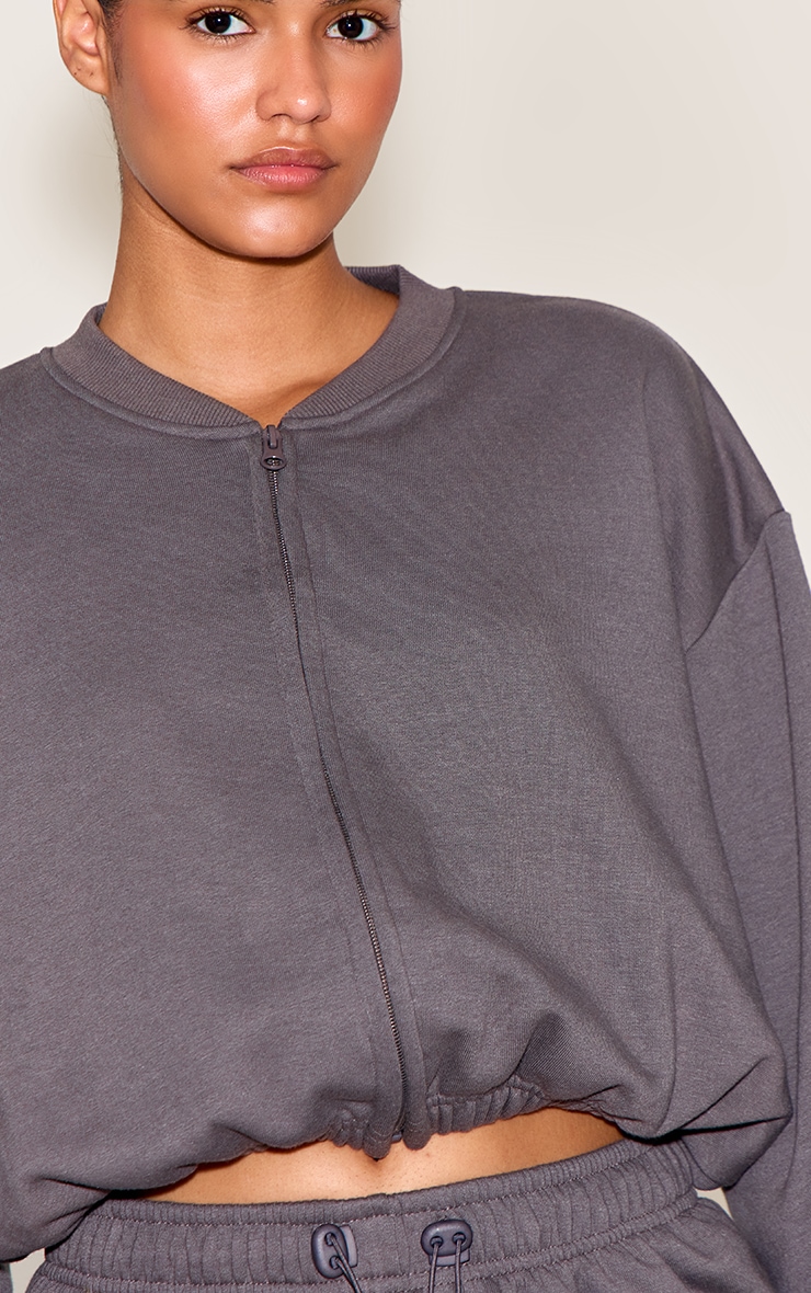Charcoal Drawcord Waist Crop Zip Up Sweatshirt image 4