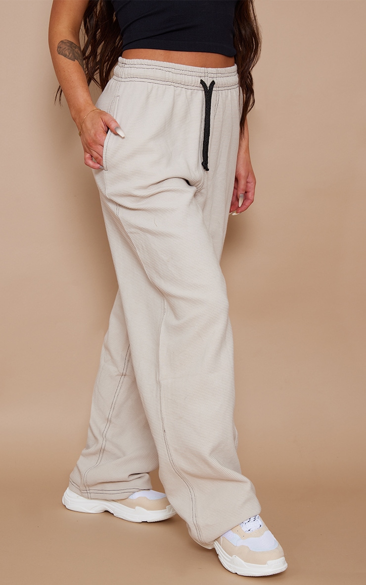 Cream Cord Contrast Stitch Drawstring Wide Leg Pants image 2