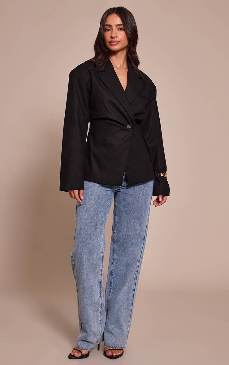 Petite Black Woven Cinched Waist Blazer image 3