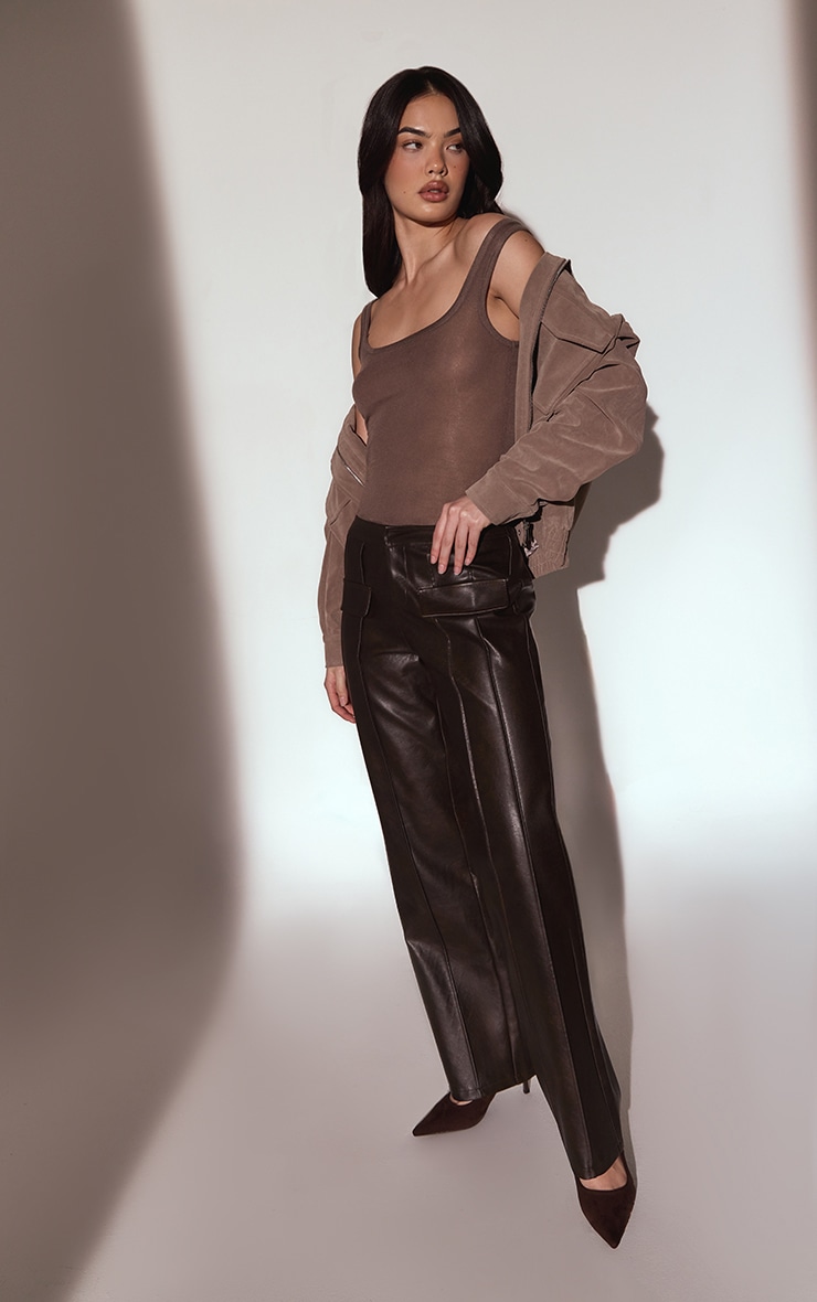 Dark Chocolate Faux Leather Seam Detail Straight Leg Trousers image 1