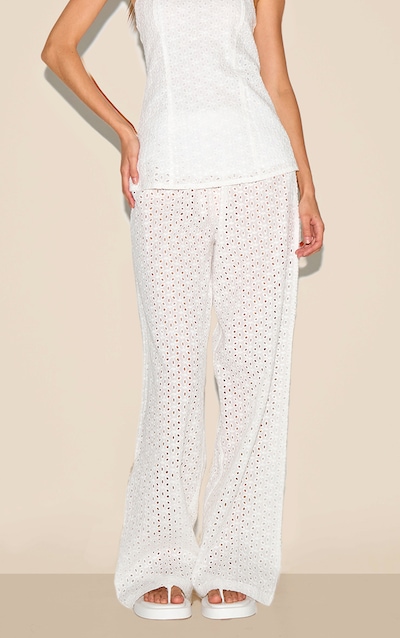 White Embroidered Mid Rise Pants