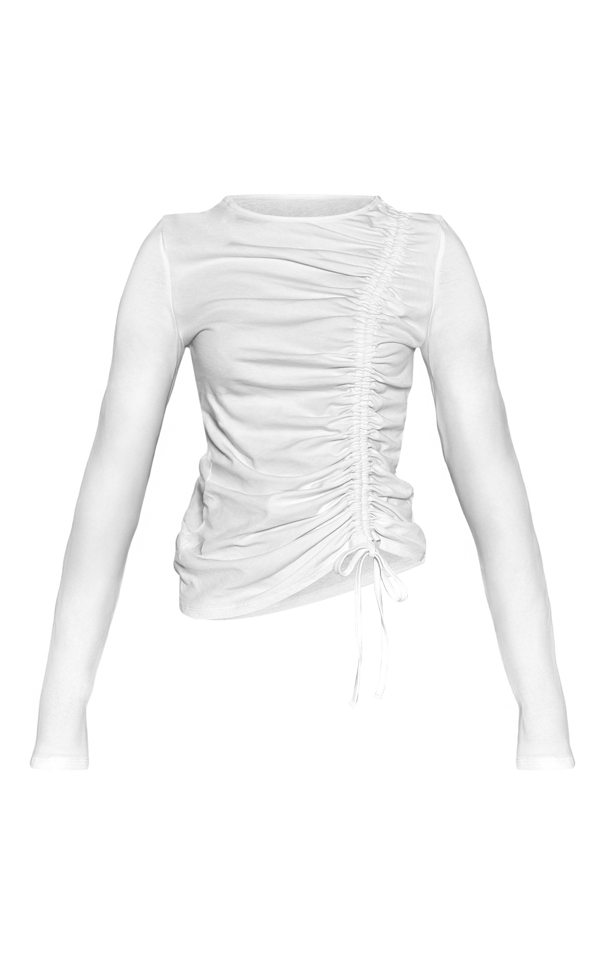 White Cotton Ruching Detail Long Sleeve T-Shirt image 5