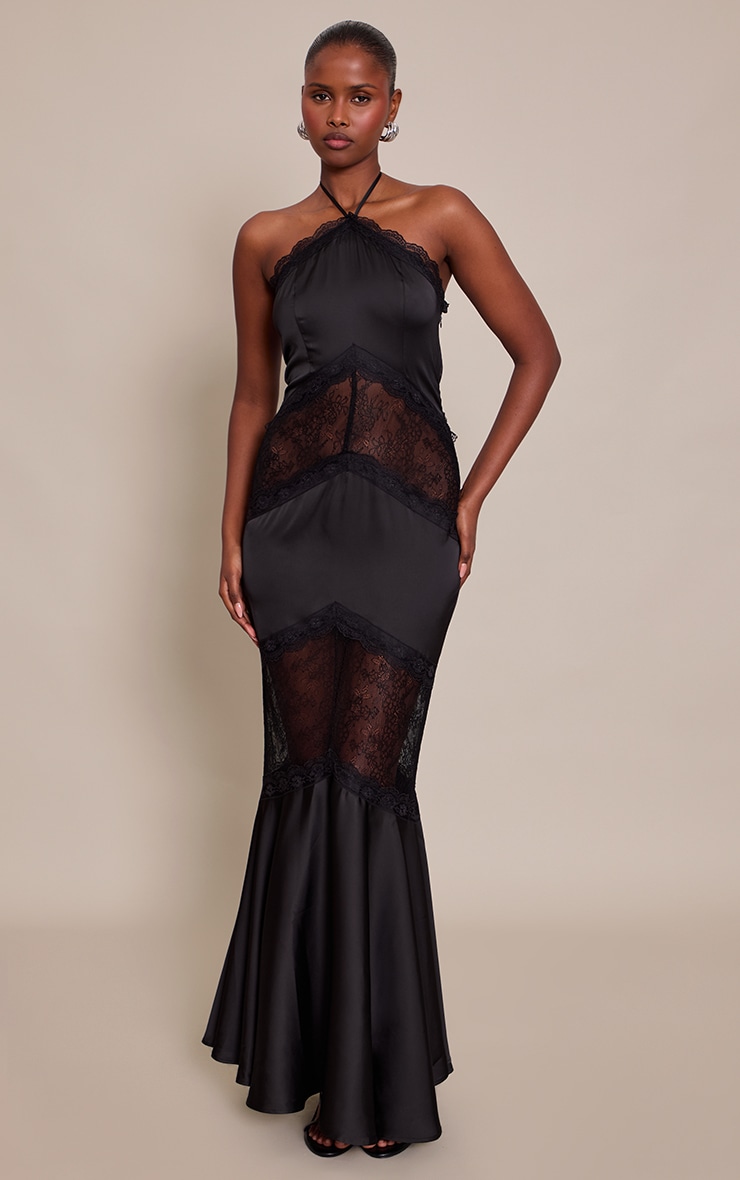 Black Satin Halterneck Lace Maxi Dress image 1