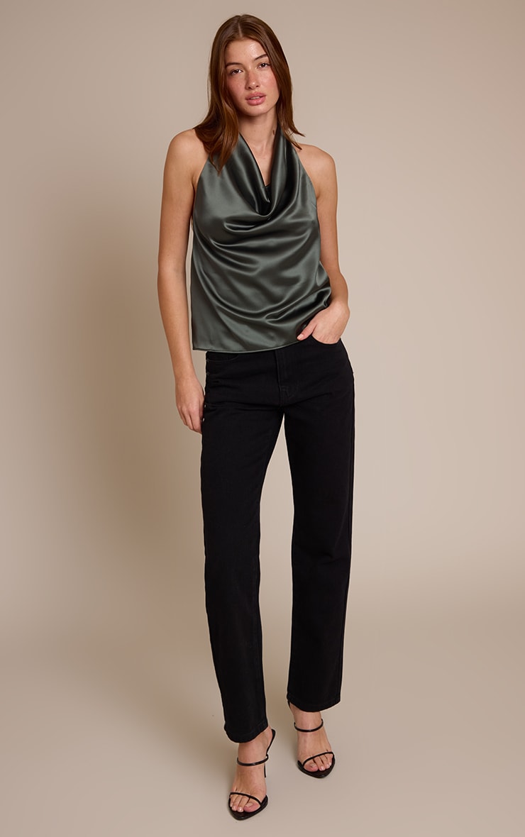 Dark Khaki Satin Halterneck Tie Back Top image 3