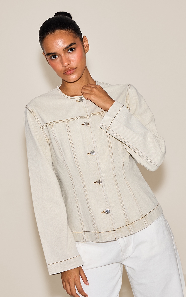 Washed Stone Cinched Long Sleeve Denim Jacket image 4