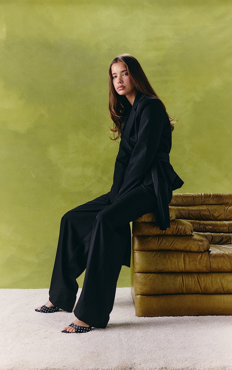 Black Woven Oversized Satin Belted Blazer image 3