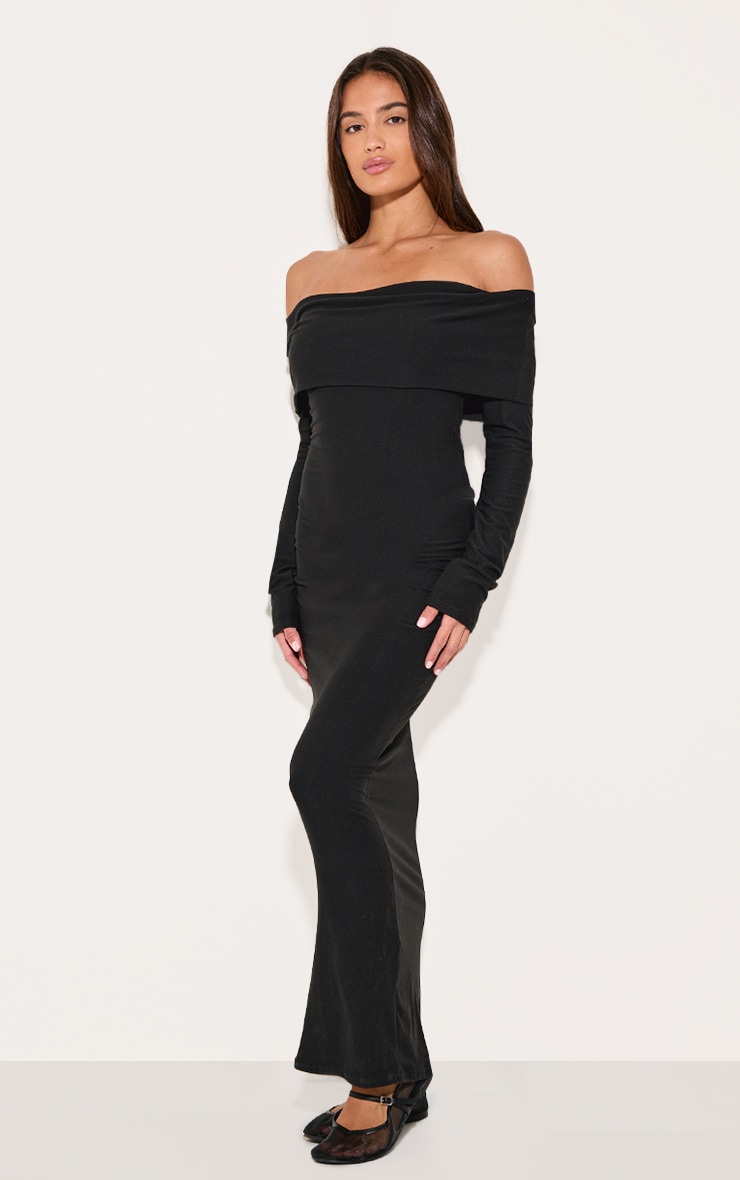 Black Soft Touch Bardot Long Sleeve Maxi Dress image 3
