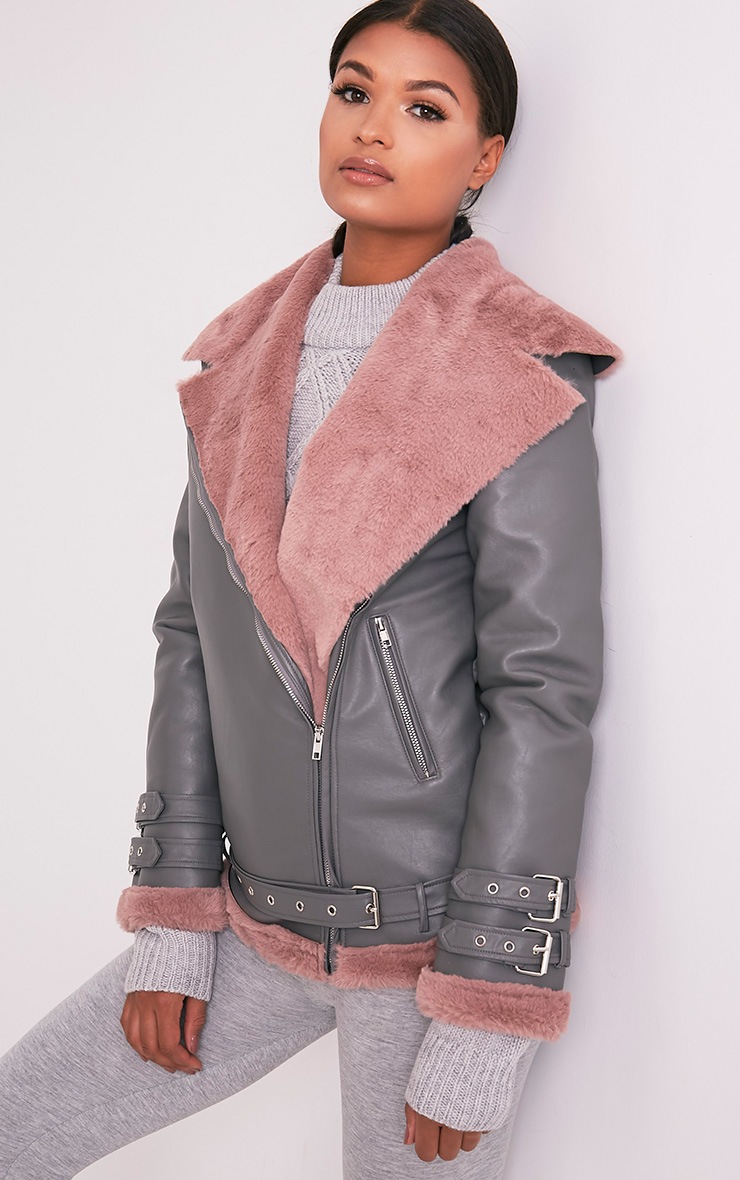 Liane Grey Premium Faux Fur Lined Aviator Coats & Jackets