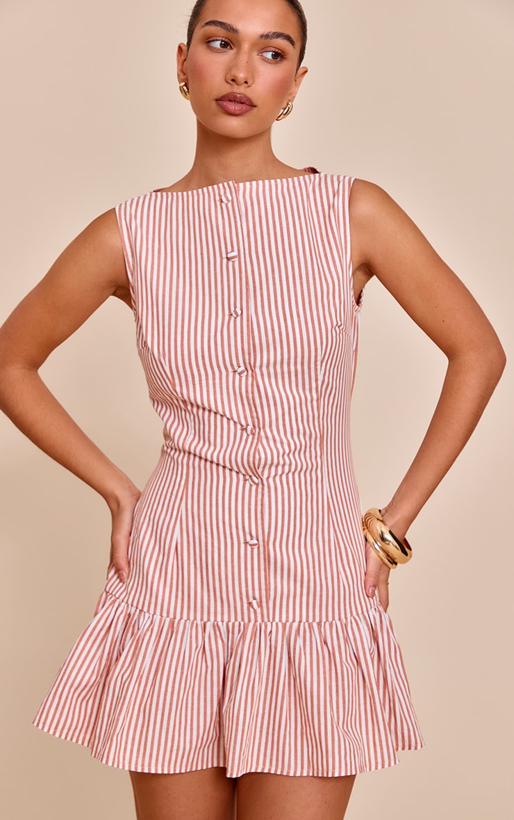 Rust Striped Satin Button Detail Flippy Hem Bodycon Dress image 1
