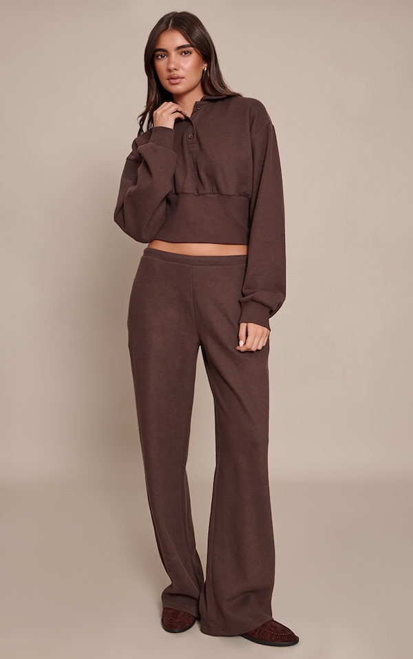 Chocolate Brushed Rib Elasticated Straight Leg Pants