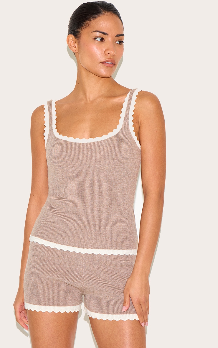 Petite Taupe Knitted Scallop Edge High Waisted Shorts image 5