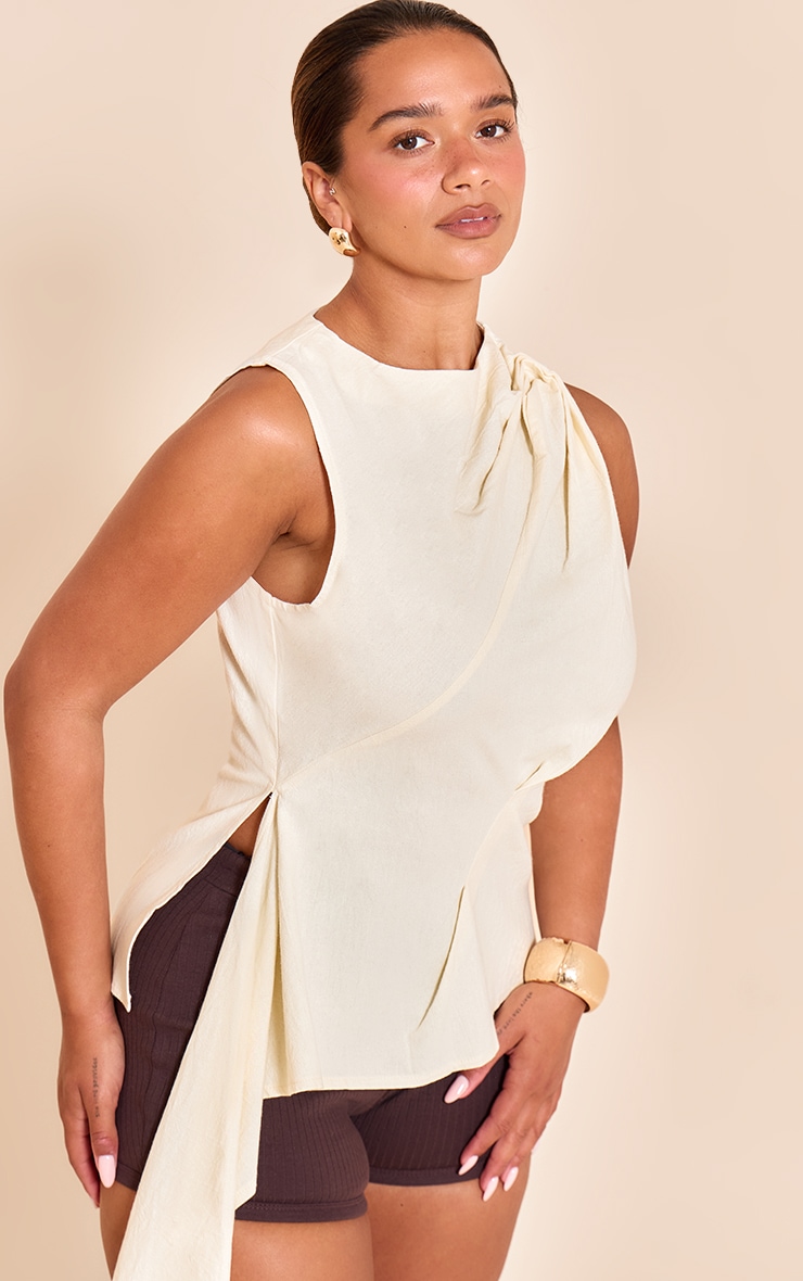 Shape Cream Linen Ruched Shoulder Draped Side Top image 4
