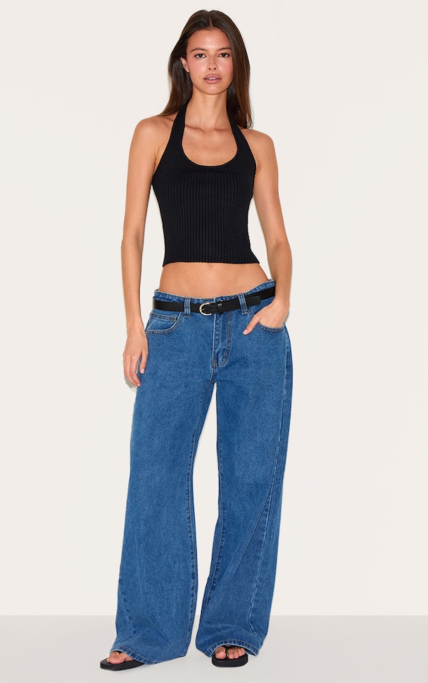 Dark Blue Low Rise Wide Leg Jeans