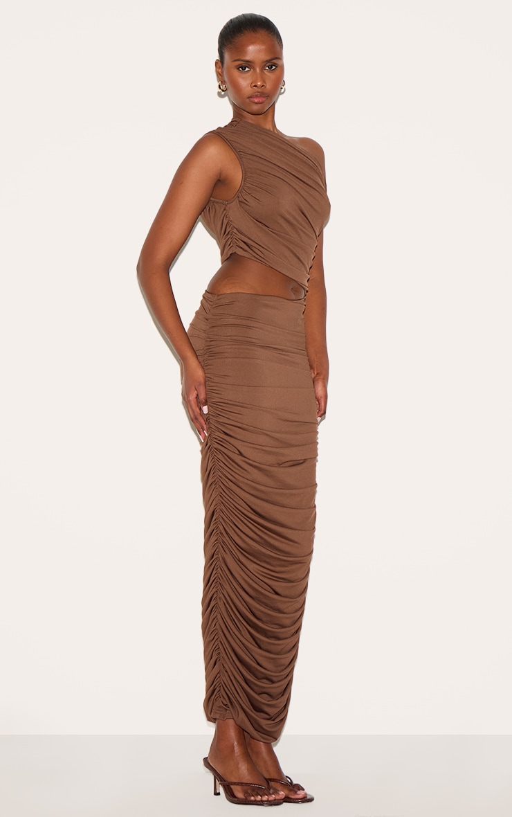 PLT Label Chocolate One Shoulder Ruched Cut Out Maxi Dress image 3