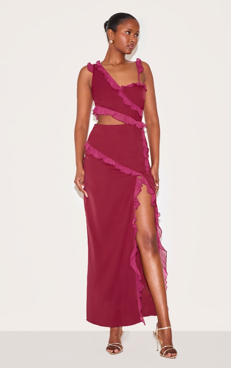 Wine Chiffon Frill Cut Out Maxi Dress image 3