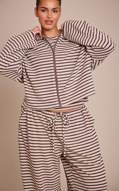 Plus Brown Striped Soft Fleece Zip Up Hoodie