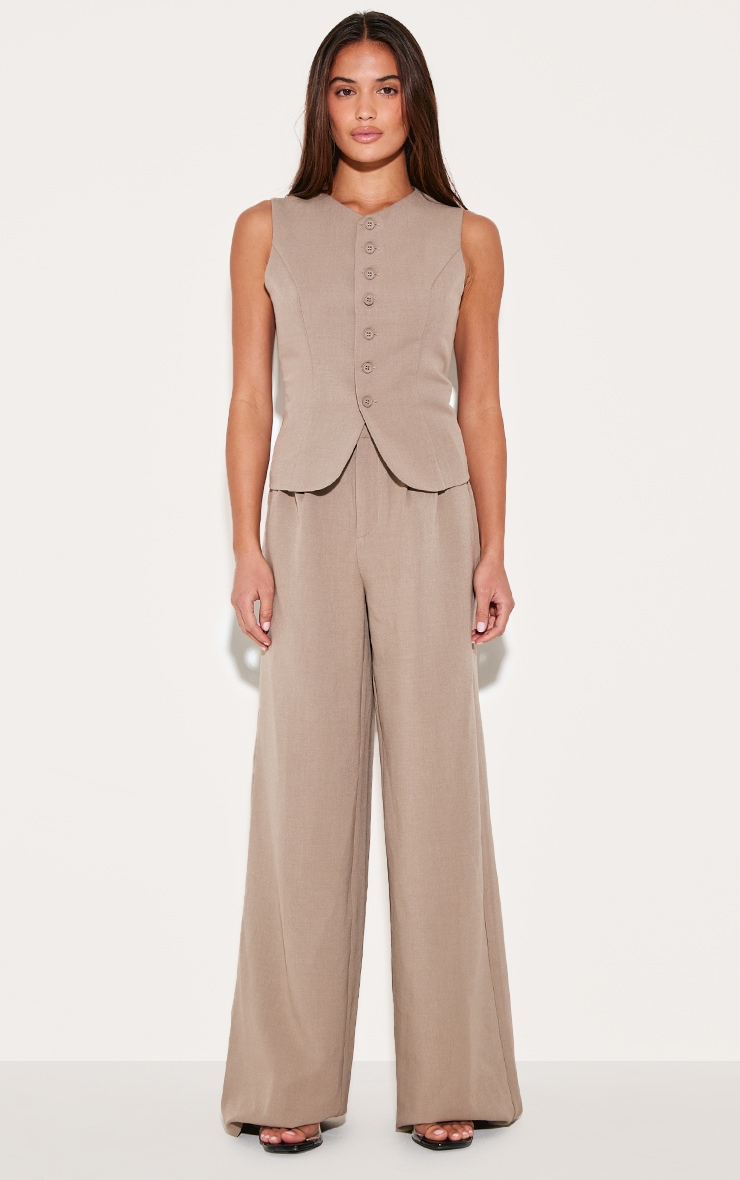 Pantalon de tailleur large tissé taupe à détail noué image 1