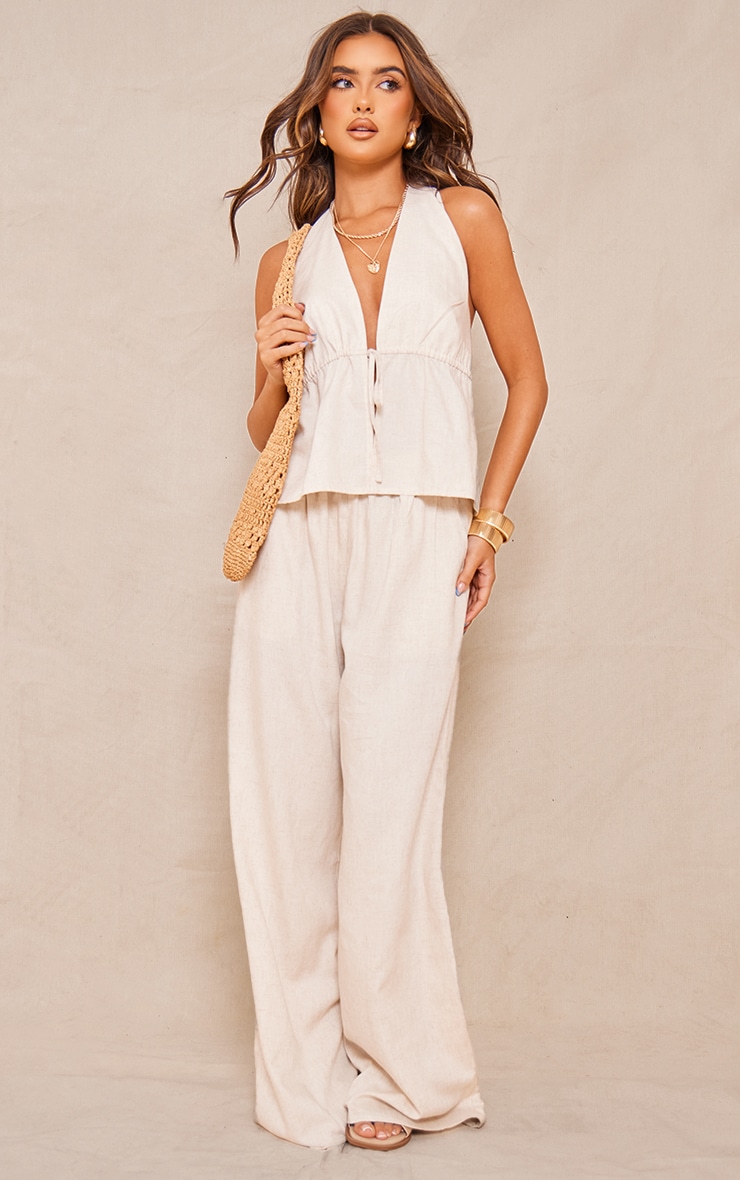 Stone Marl Linen Look Tie Waist Longline Top image 3