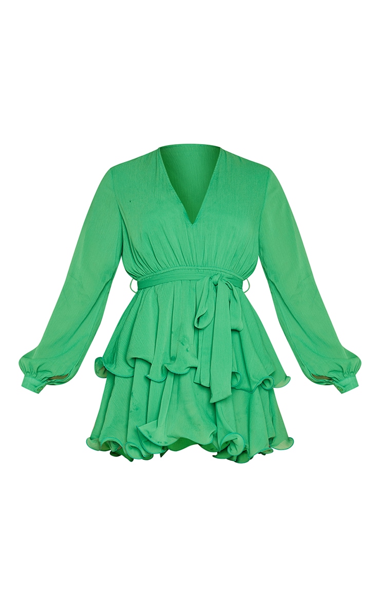 Green Chiffon Plunge Detail Frill Skirt Shift Dress image 6