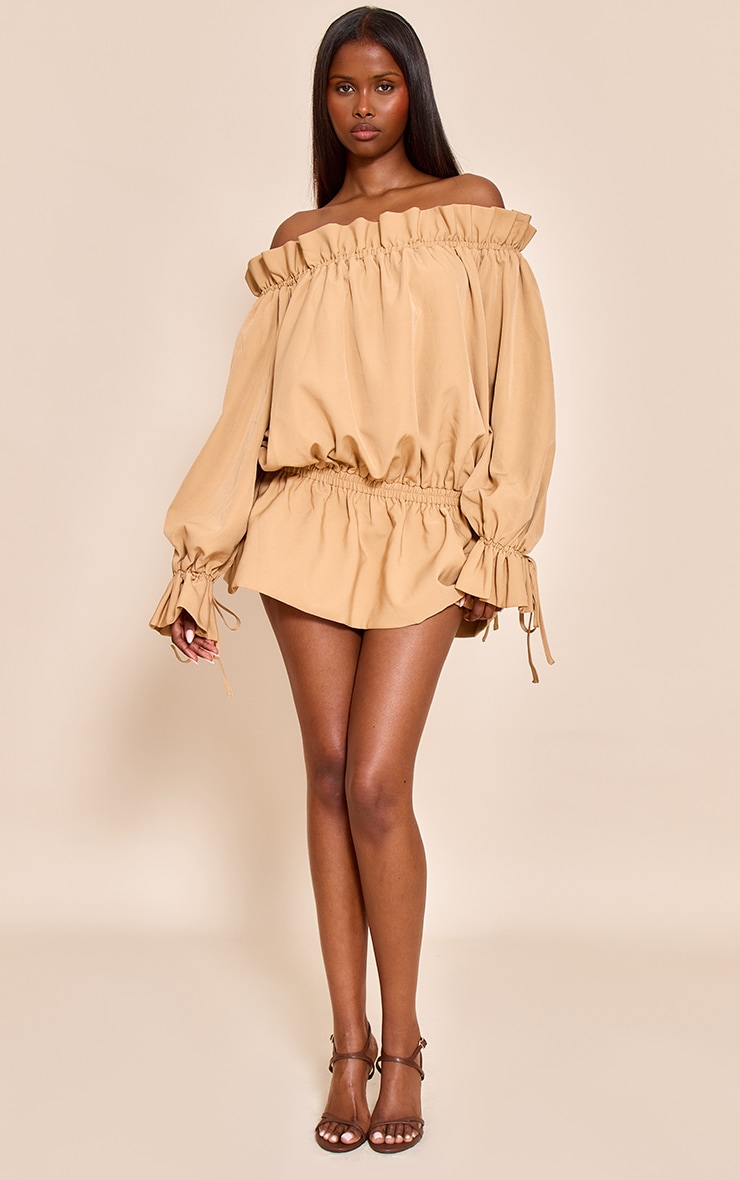 Mustard Woven Tie Detail Bandeau Long Sleeve Mini Dress image 3