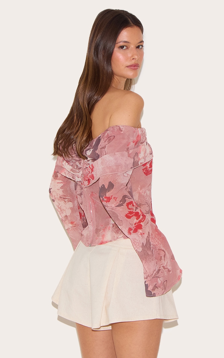 Dusty Pink Printed Bardot Chiffon Blouse image 2