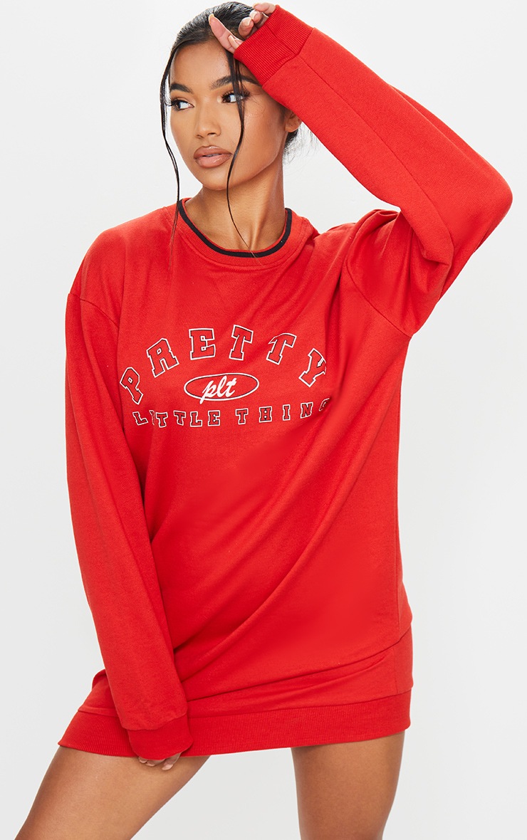 PRETTYLITTLITTLETHING Red Contrast Neck Oversized Sweater Dress