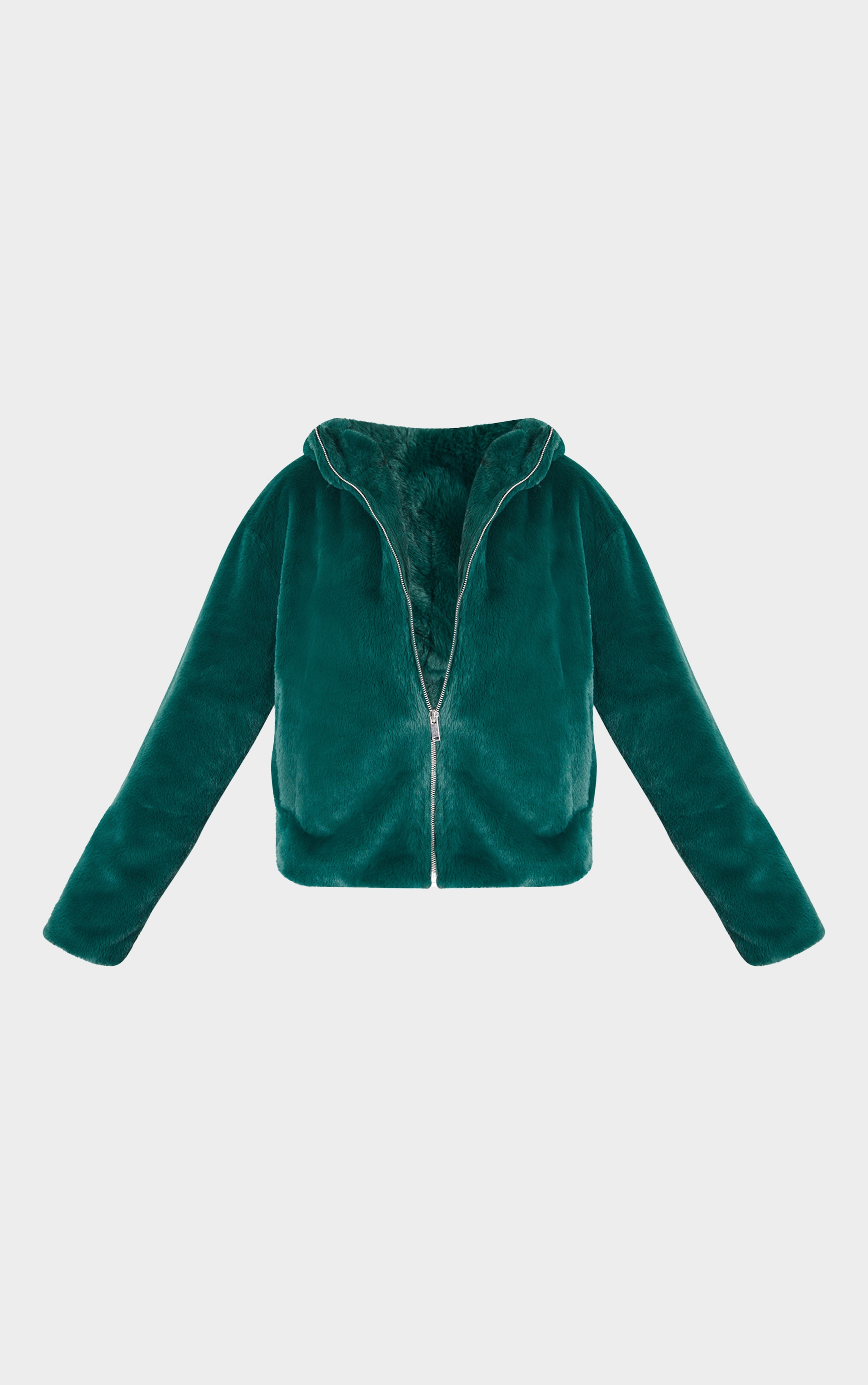 Green Plush Faux Fur Hooded Zip Up Jacket image 5