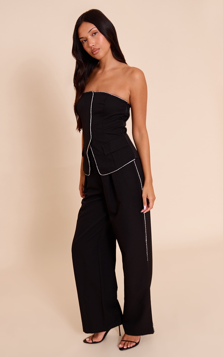 Black Woven Tailored Diamante Trim Wide Leg Pleated Pants image 1