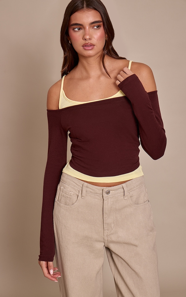 Chocolate Cotton Overlay Detail Bardot Long Sleeve Top 