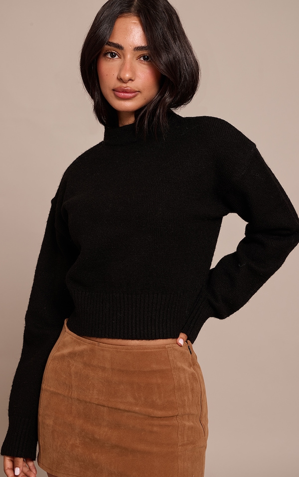 Petite Black Knit High Neck Crop Sweater