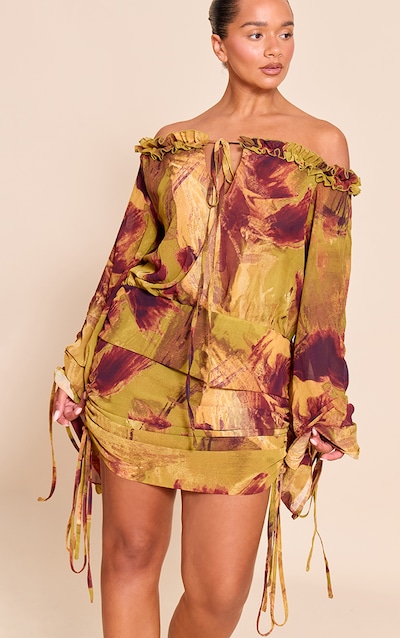 Shape Olive Abstract Print Off Shoulder Frill Ruched Mini Dress