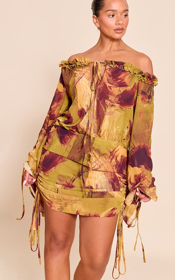  Shape Olive Abstract Print Off Shoulder Frill Ruched Mini Dress