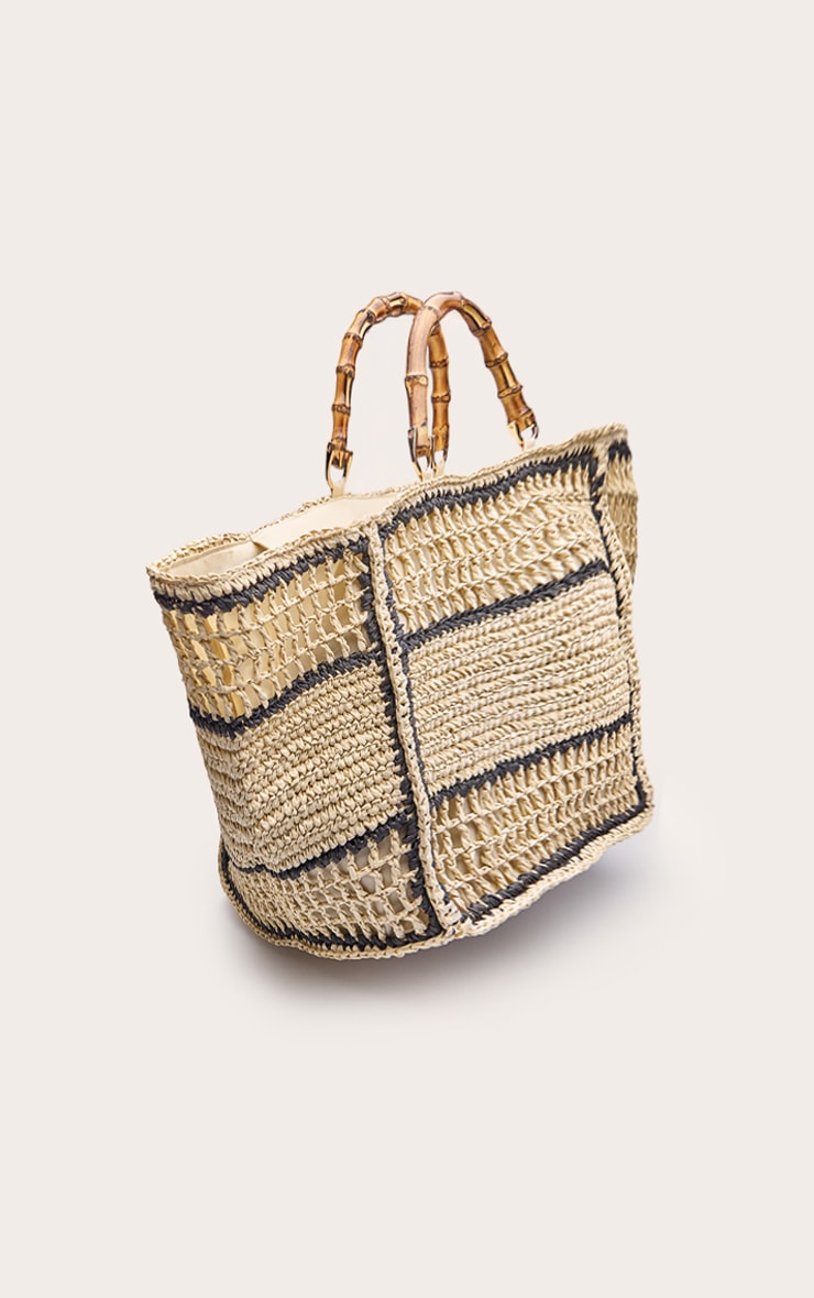 Natural Raffia Stripe Bamboo Handle Beach Bag image 3