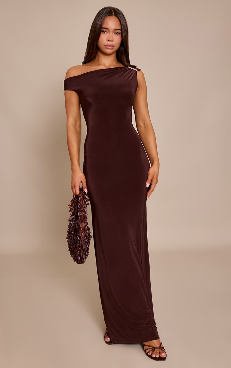 Chocolate Slinky Trim Detail One Shoulder Maxi Dress image 1