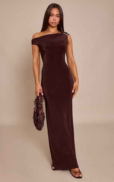 Chocolate Slinky Trim Detail One Shoulder Maxi Dress