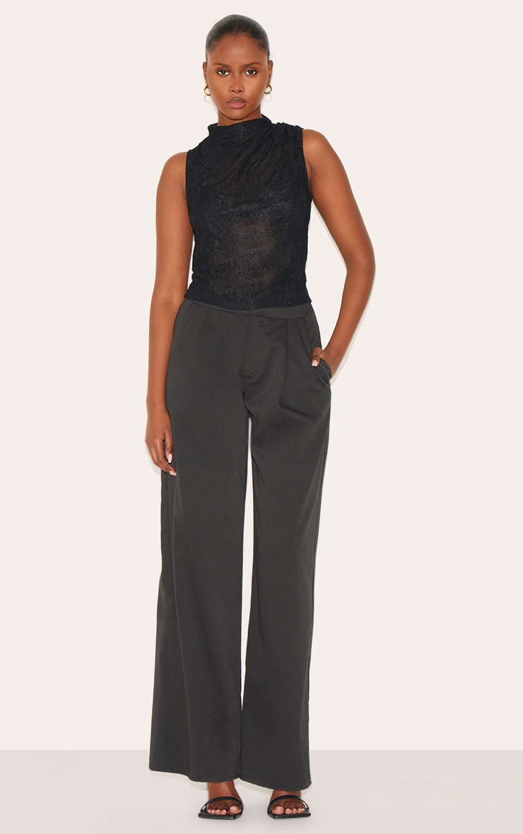 Black Lace Ruched Shoulder High Neck Top | Tops