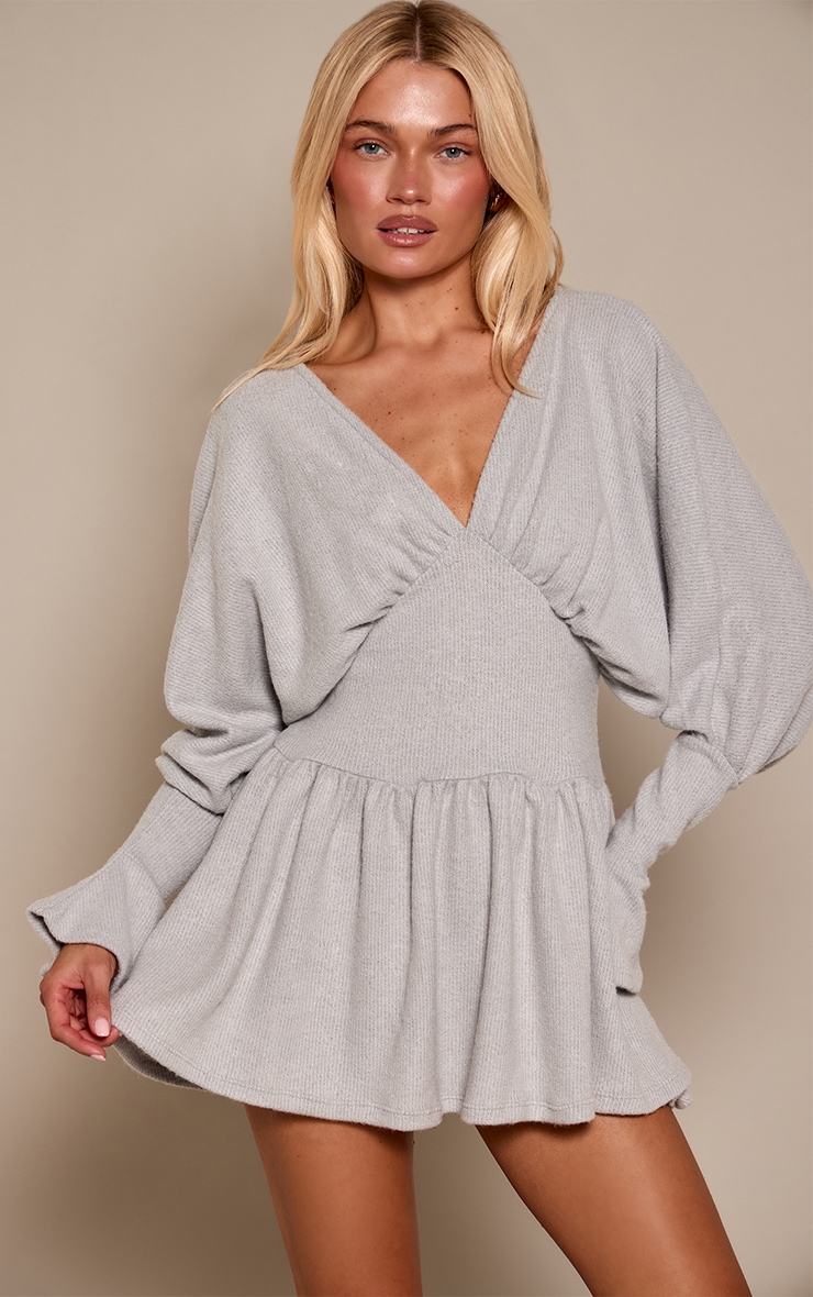 Light Grey Brushed Rib V Neck Slouchy Long Sleeve Shift Dress