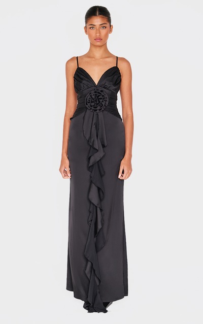 Black Satin Corsage Detail Strappy Maxi Dress