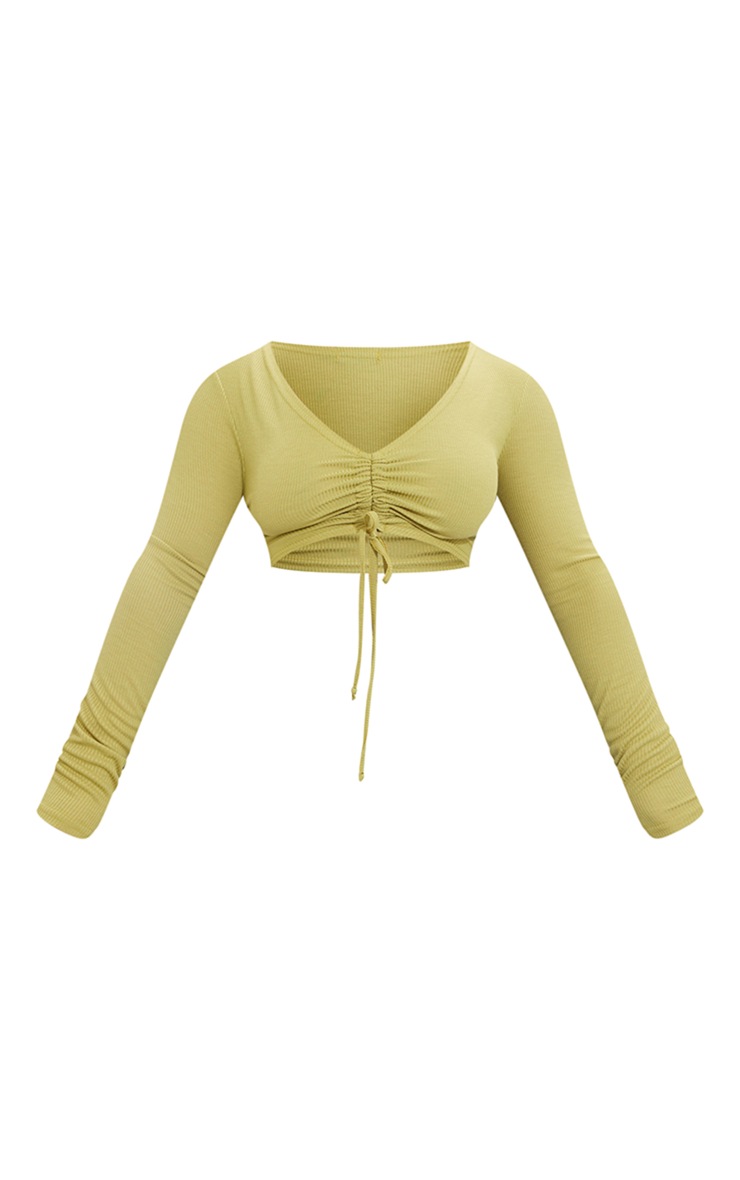 Shape Olive Ribbed Long Sleeve Ruched Front Crop Top image 1