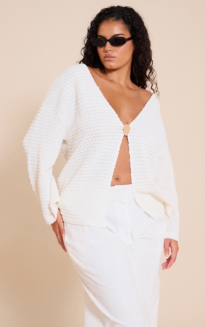 Plus Cream Textured Oversized Trim Detail Long Sleeve Top