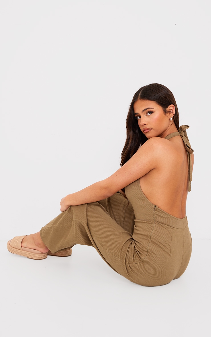 Taupe Textured Halterneck Low Back Jumpsuit image 1