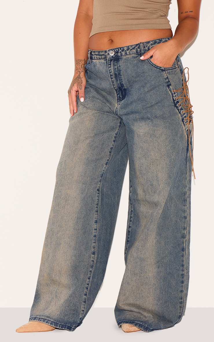 Plus Dark Blue Wash Lace Up Detail Wide Leg Jeans image 2