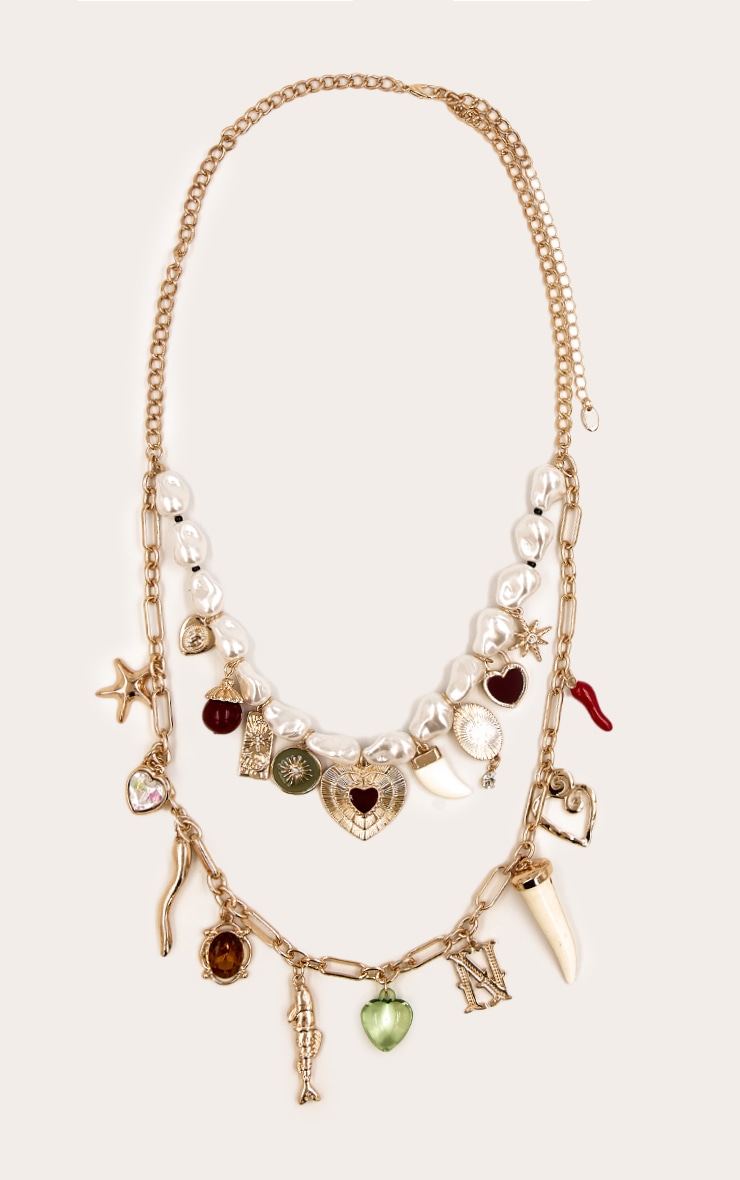 White Pearl Beaded Layered Charm Necklace image 2