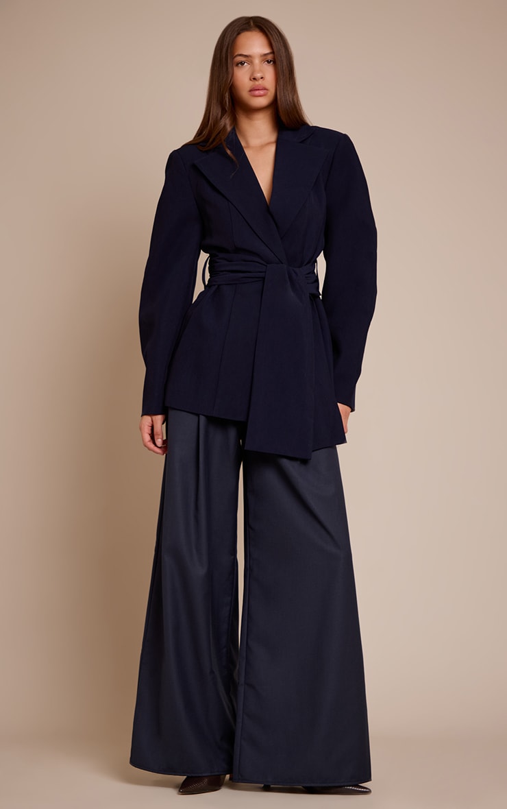 Navy Gathered Wrap Waist Belted Blazer image 3