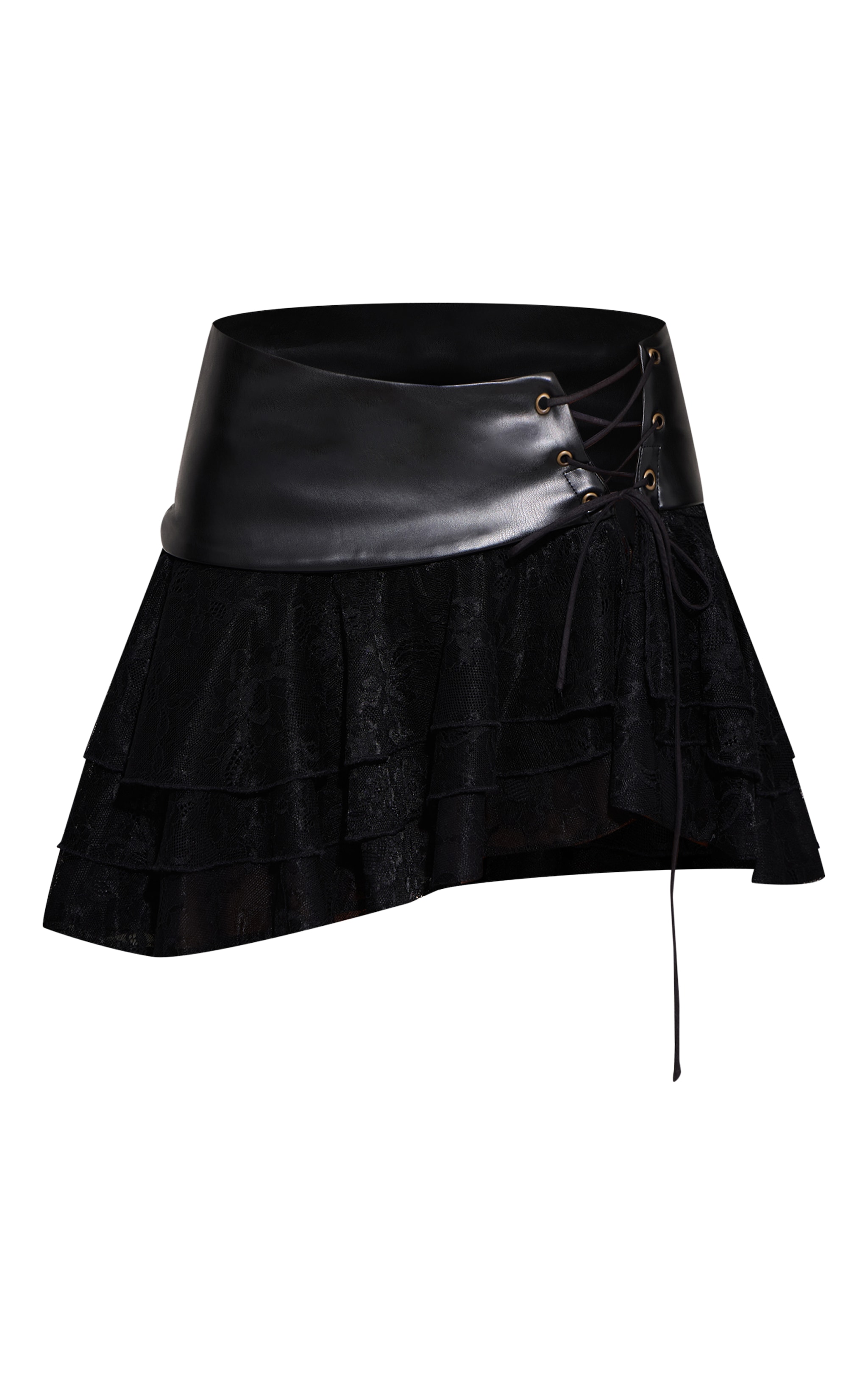 Black Faux Leather Lace Trim Mini Skirt image 6