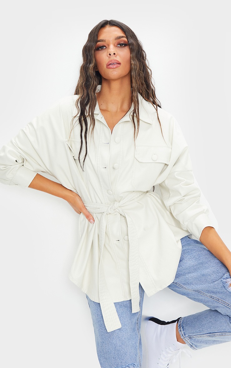 White PU Long Line Dipped Hem Belted Shacket