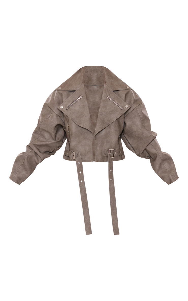  Charcoal Faux Leather Oversized Buckle Detail Biker Jacket image 5